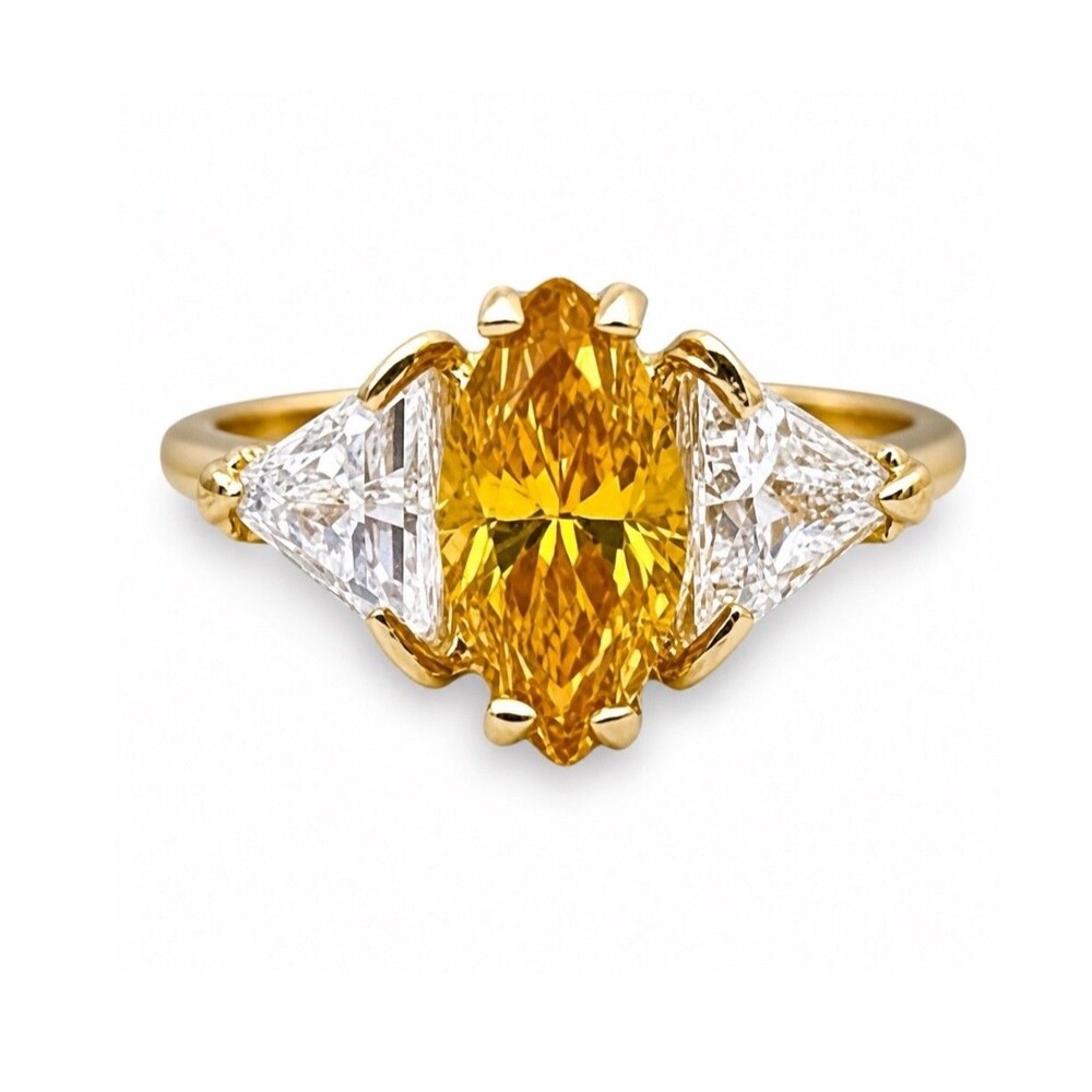 Vintage 1980s Ring Size 5 Yellow CZ Marquise Three Stone 18KT Gold Plated - 14L